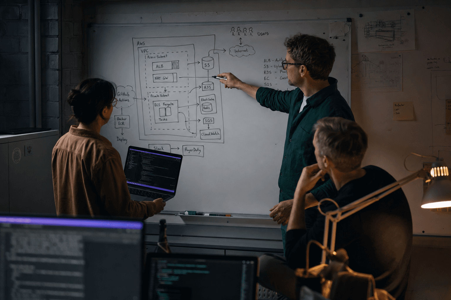 Two or three engineers and a data specialist collaborating around a whiteboard covered in hand-drawn infrastructure diagrams in a dimly lit Australian tech office, faces and gestures lit mainly by warm task lamp and laptop screen glow, the room background dark behind them.