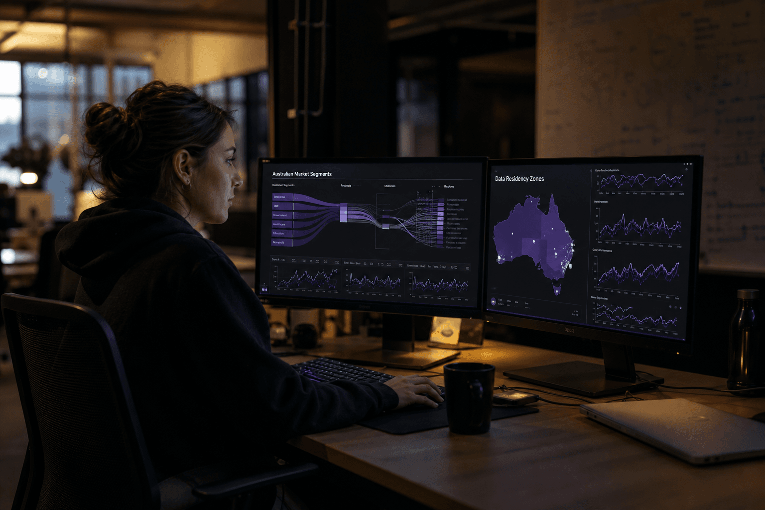 A data engineer sits at dual monitors displaying sparse line charts and flow diagrams in a dimly lit Melbourne open-plan office, with screen glow in soft violet and warm amber illuminating her face against a dark background.