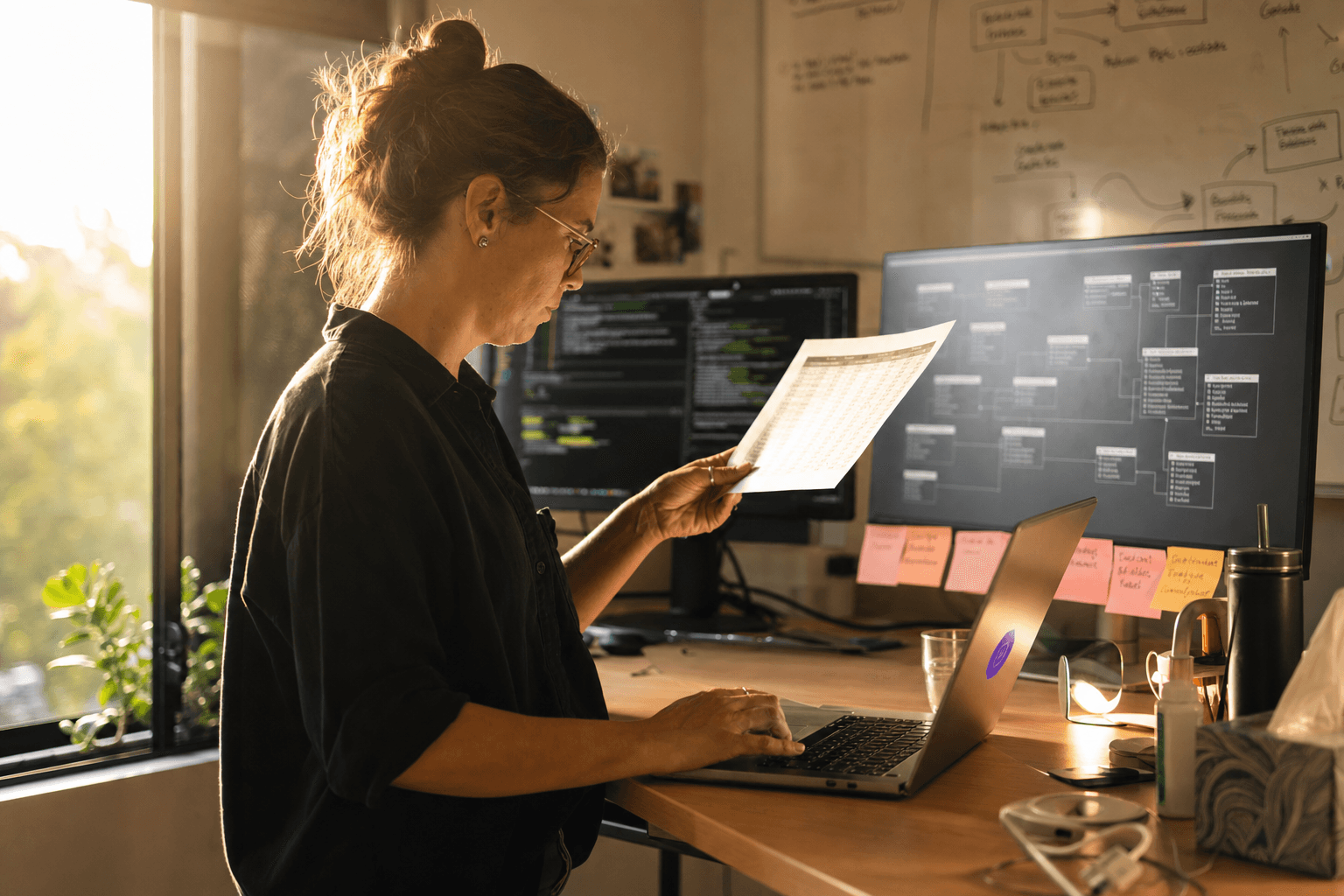 A female data engineer in side profile leans forward at a standing desk, holding a printed spreadsheet up to read it closely, bathed in warm golden-hour window light. Dual monitors with terminal windows and a whiteboard with system diagrams are visible in the blurred background.