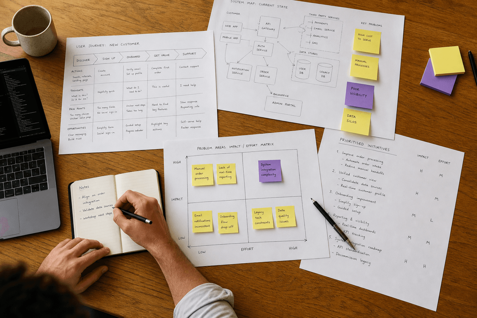 Overhead view looking straight down onto a timber desk covered in handwritten opportunity-mapping worksheets, user journey diagrams, and colour-coded sticky notes including one violet note, with a person's forearms visible at the bottom of the frame actively annotating the sheets in bright natural daylight.