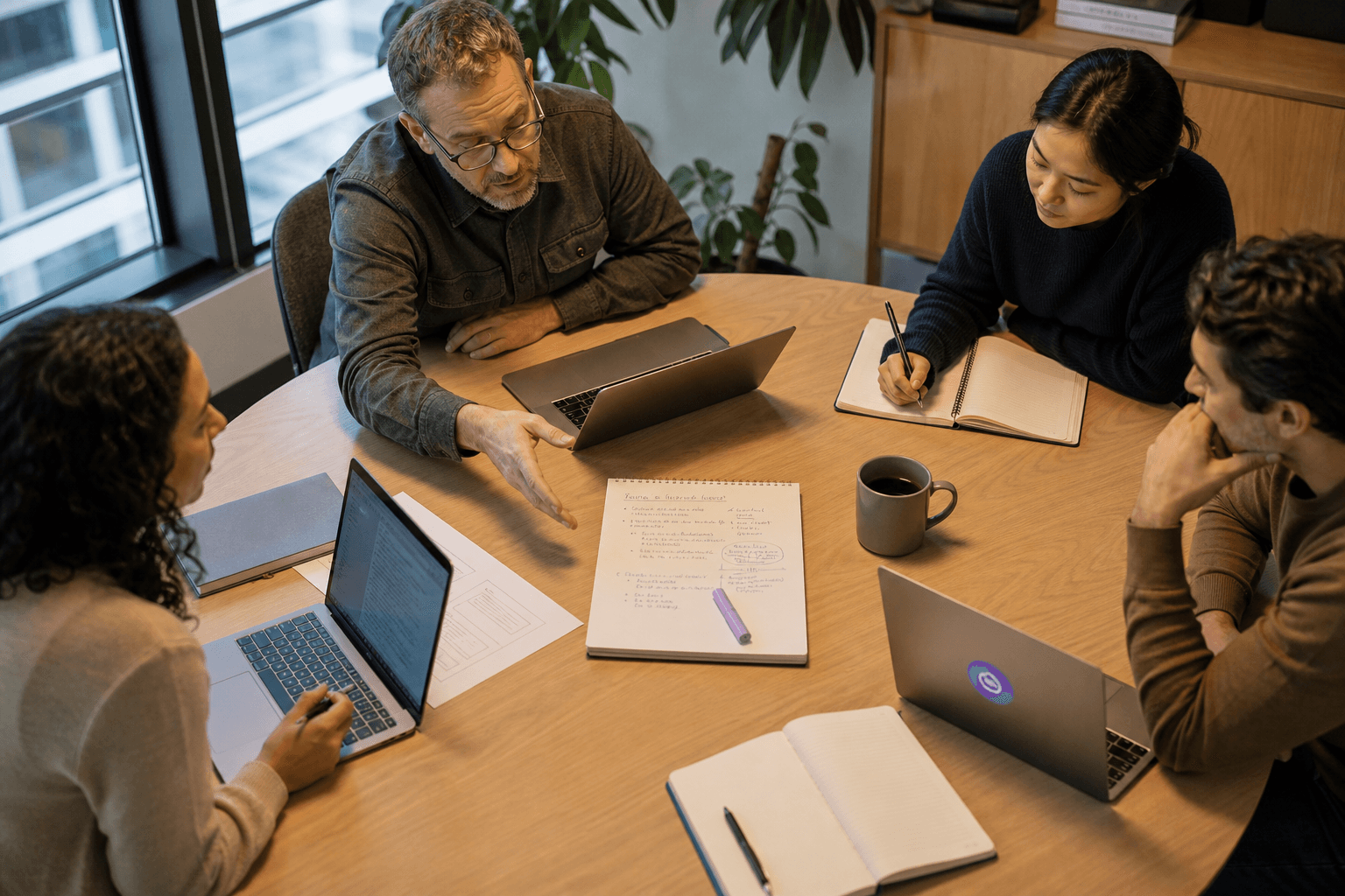 Four colleagues of mixed backgrounds lean inward around a round meeting table, converging on a central open notepad with handwritten notes and a highlighted page, in a naturally lit Australian office workspace.