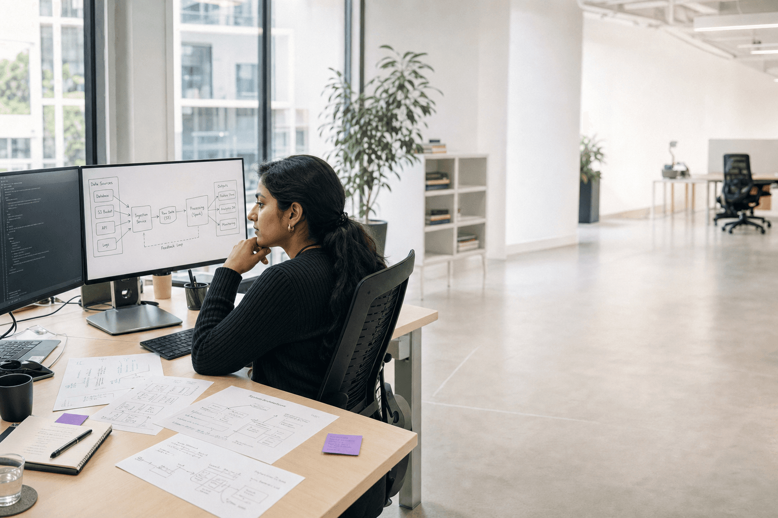A young female engineer sits at a dual-monitor desk in a bright, open Australian office, with printed technical sheets fanned across her desk and a violet sticky note as the only colour accent against an expansive pale background.
