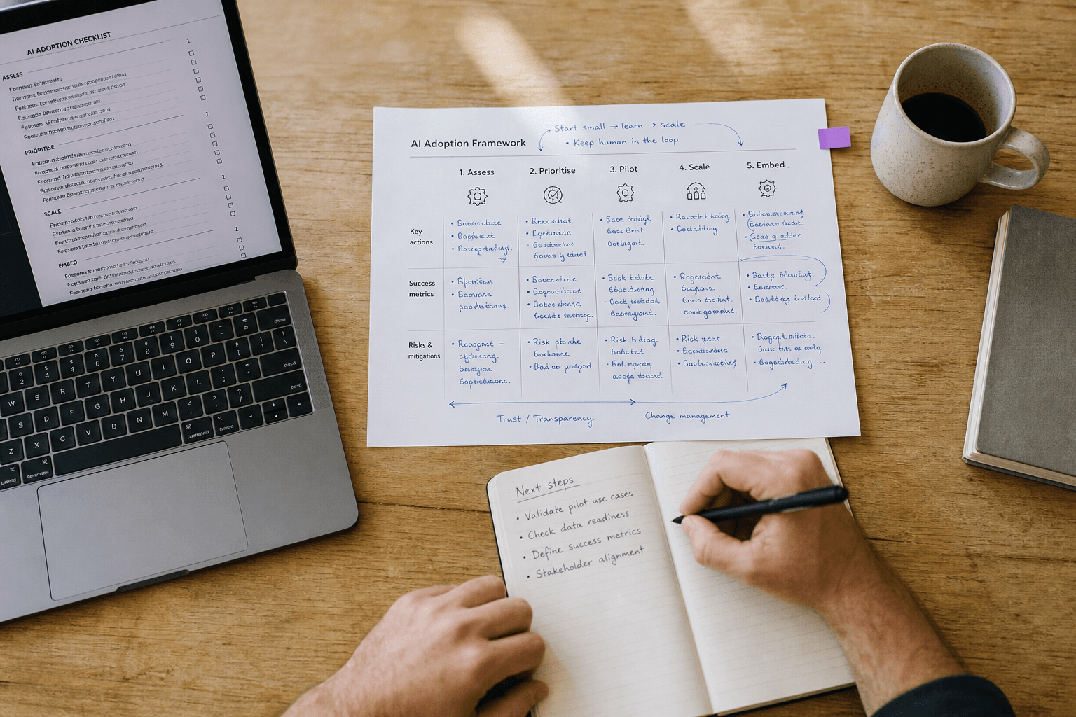 Overhead view looking down onto a timber office desk with an open laptop showing a checklist, a printed framework diagram covered in handwritten blue-pen annotations, a coffee mug, and a person's hands actively writing in a notebook.