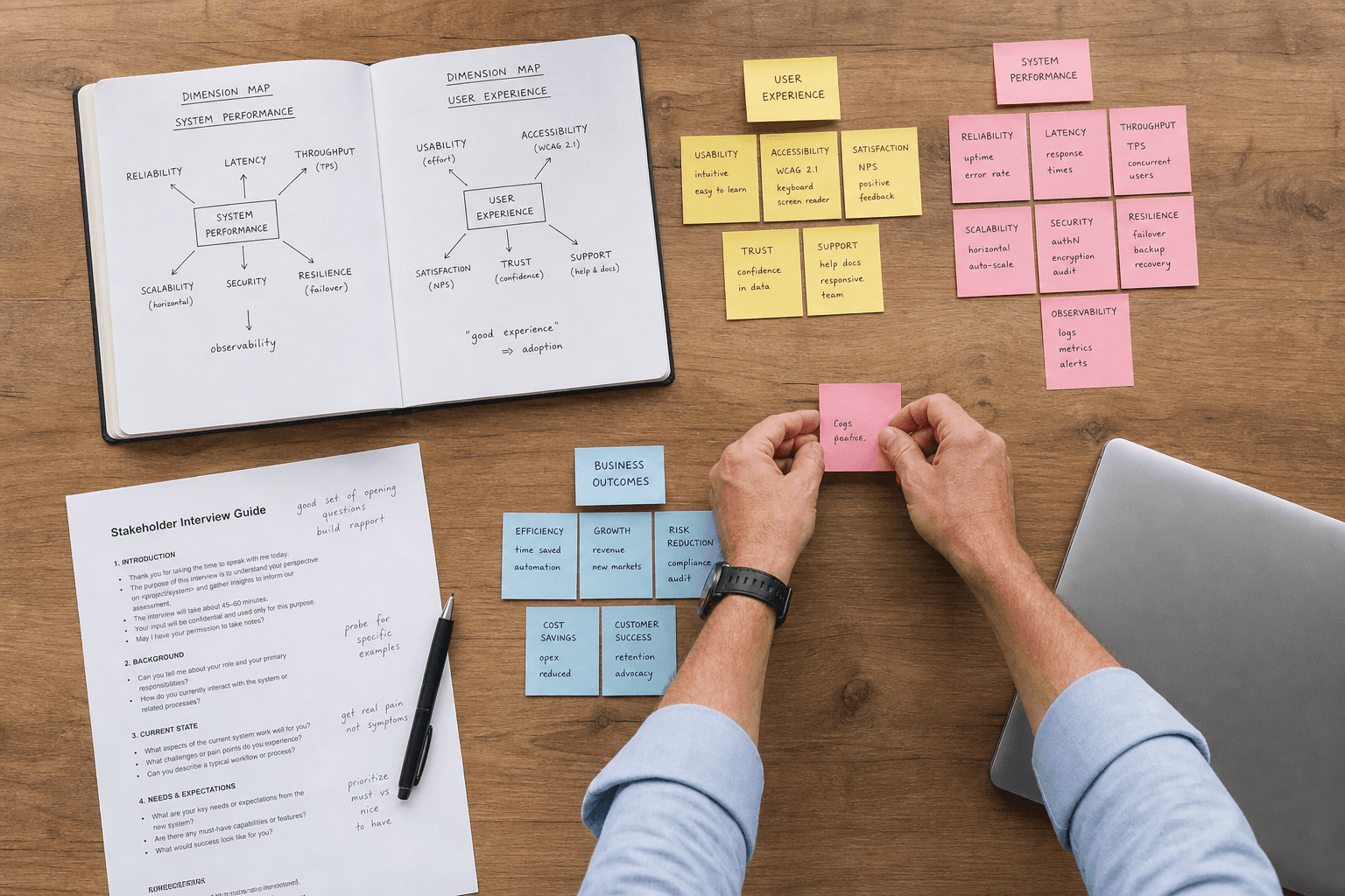 Overhead view of a desk covered in printed assessment documents, colour-coded sticky notes, and an open notebook, with a person's hands arranging notes into clusters in bright office daylight.