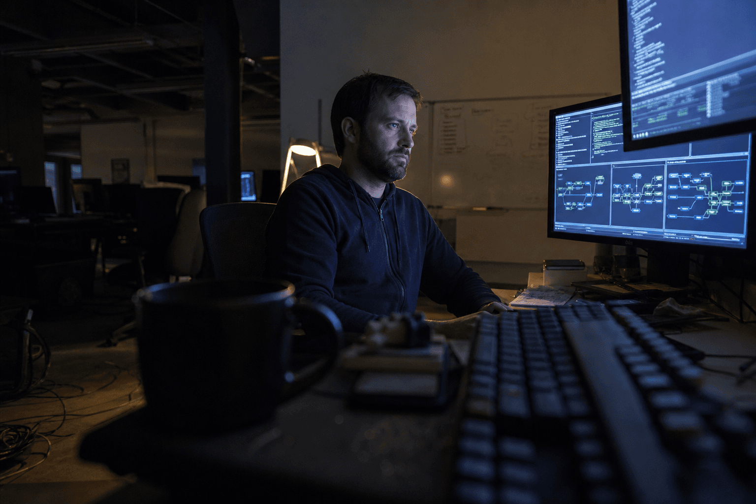 Low-angle view from desk level looking up toward a data engineer working at dual monitors in a dim office, his face lit by screen glow and a warm task lamp behind him.
