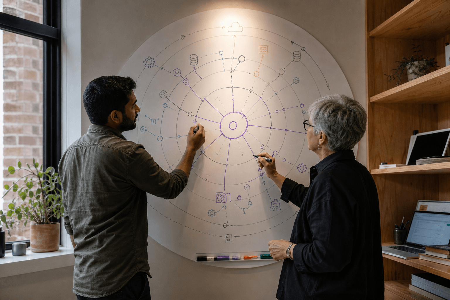 Two engineers collaborate at a large whiteboard in a mid-toned Australian office, drawing a radial diagram with concentric rings in marker, the brightly lit whiteboard forming a single focal accent against the balanced surrounding workspace.