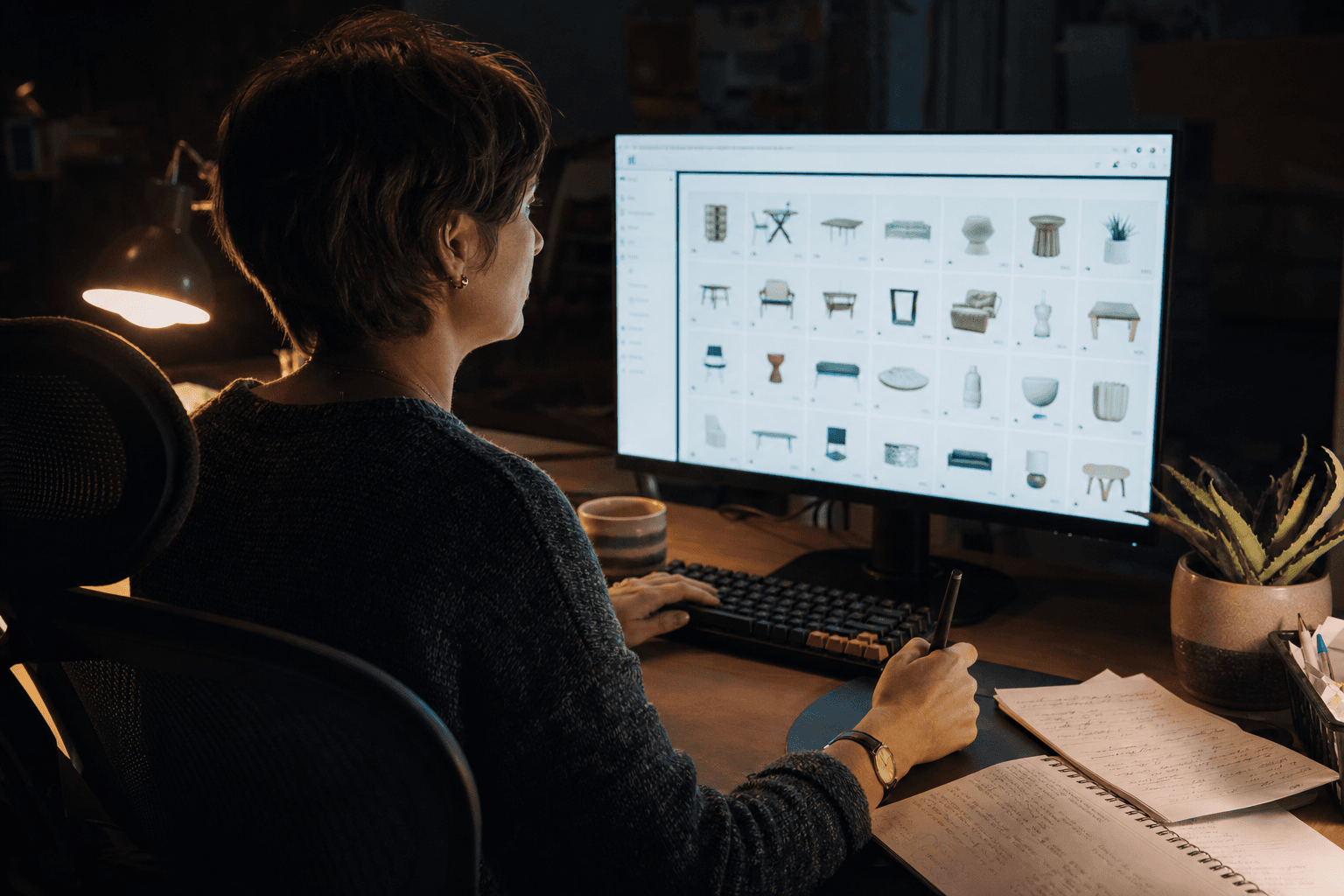 Over-the-shoulder view of a female developer focused on a monitor displaying a product recommendation grid interface, lit by screen glow and a warm desk lamp in a darkened Australian office.