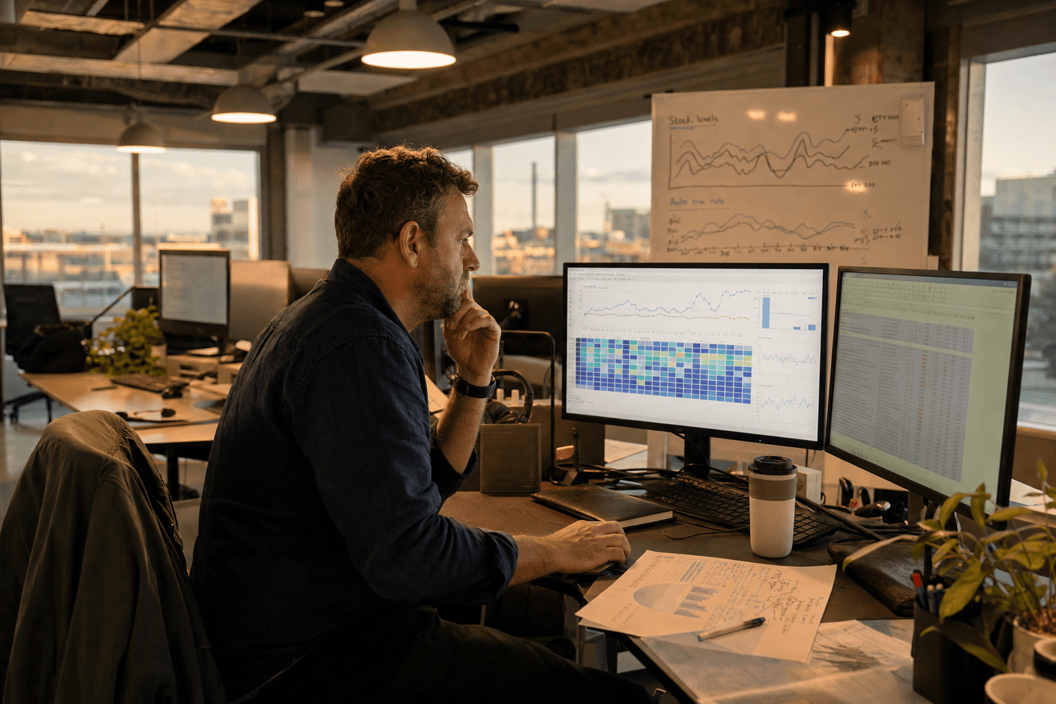 A male data engineer sits at his workstation in a warm golden-hour lit Australian office, studying inventory forecast charts on a monitor with hand-annotated printouts and a whiteboard visible behind him.