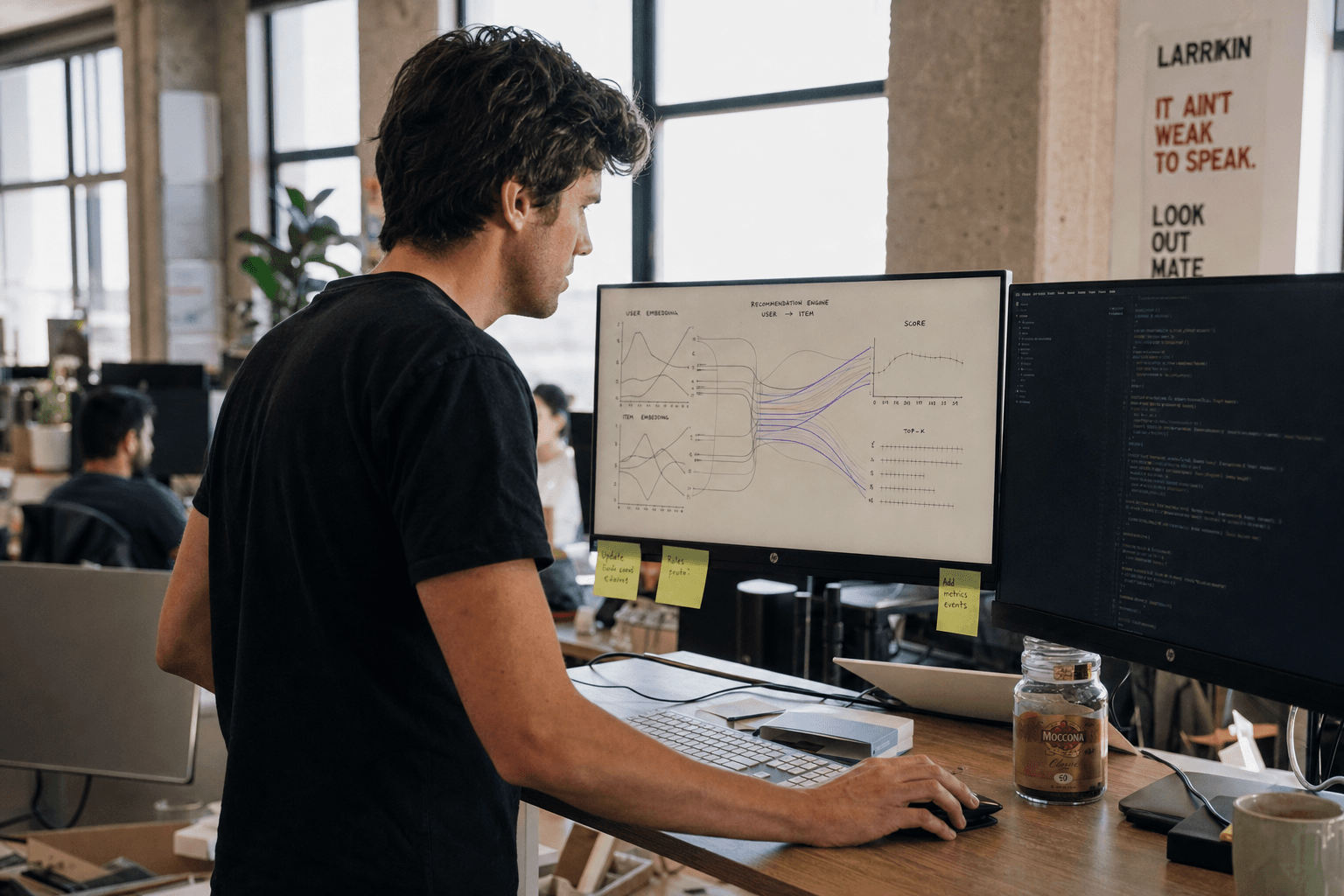 A young male developer leans toward a standing-desk monitor displaying sparse line charts and flow-line visualisations in a naturally lit Australian open-plan office, a second monitor showing a dark-theme code editor beside him.