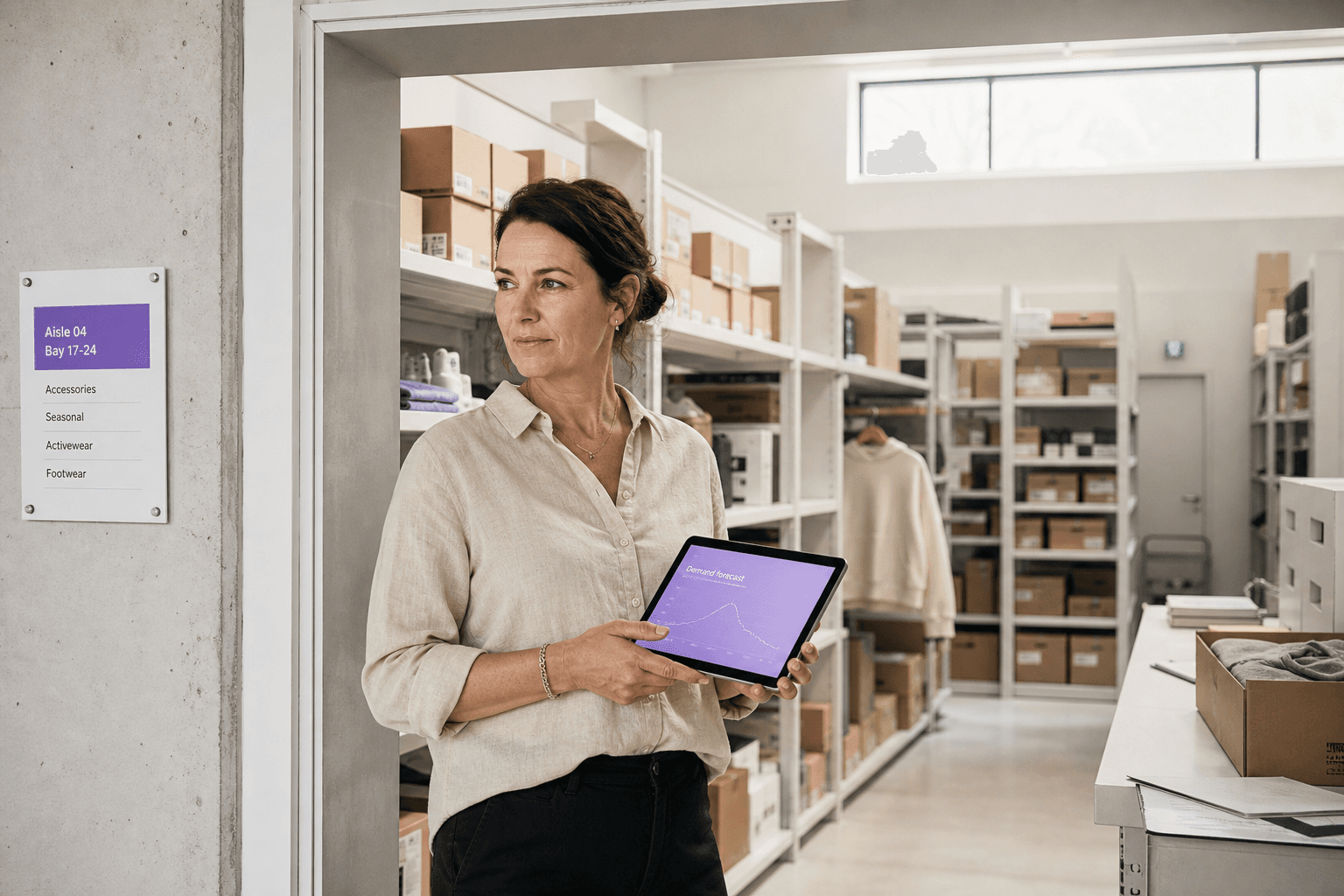 A woman retail operations analyst stands inside a stockroom holding a tablet showing a demand-forecast curve, with rows of shelved inventory receding behind her in even warehouse daylight, viewed in an architectural cutaway perspective.