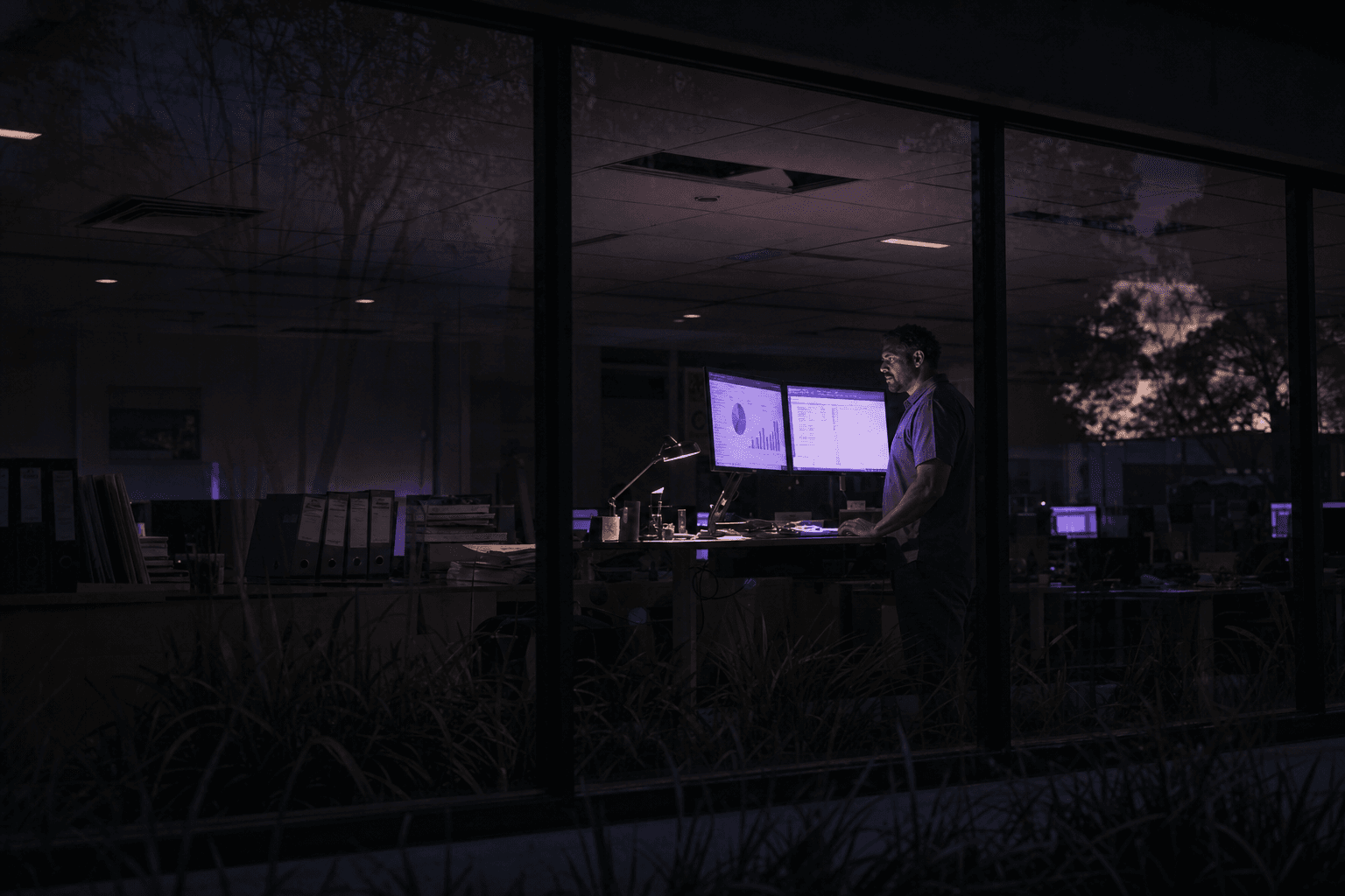 An operations manager stands at a cluttered standing desk in a dimly lit Australian office, his face illuminated by dual monitor glow showing charts and spreadsheets, other dark desks stretching behind him in the wide open-plan space.