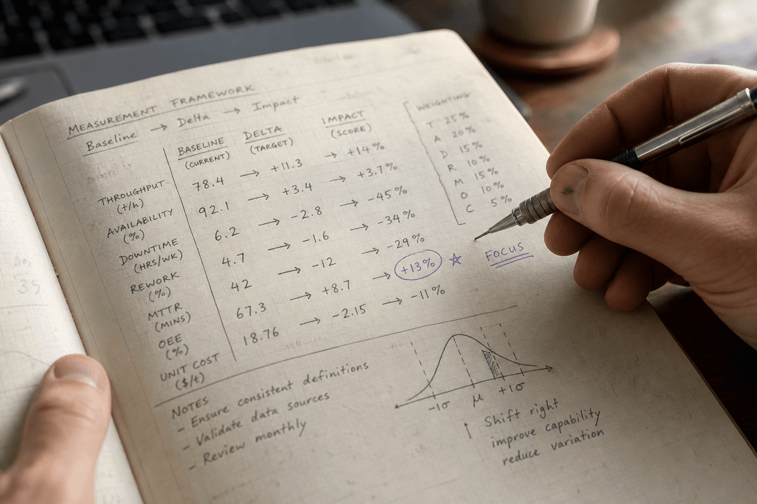 Close-up of an engineer's hands holding a mechanical pencil over an open notebook filled with hand-drawn measurement frameworks and annotated metrics, with a single violet ink pen resting across the page as a focal accent.