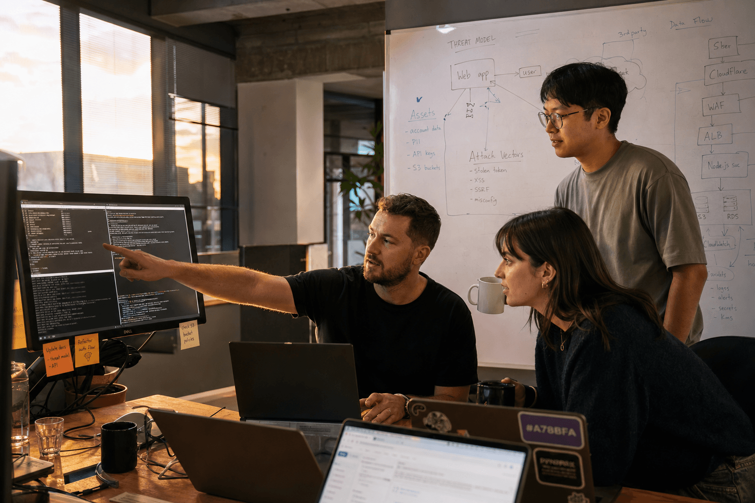 Two engineers collaborate at a workstation in an Australian software office, reviewing threat-model diagrams on a monitor and annotated whiteboard. Warm late-afternoon window light and screen glow illuminate the scene. Sticky notes, laptops, and whiteboard sketches visible in the background.