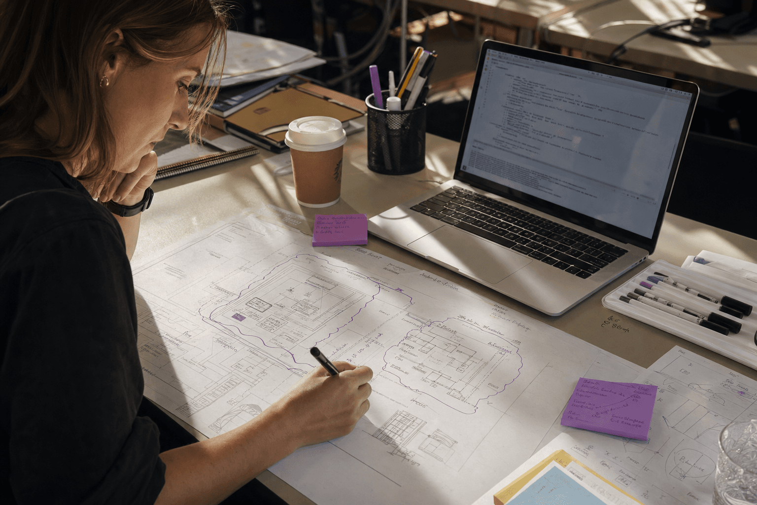 A female engineer leans over a large printed system-architecture diagram on a desk, annotating security boundaries with a pencil. Warm daylight rakes across the off-white surface, casting soft shadows around a laptop, sticky notes, and a takeaway coffee cup. The composition echoes topographic contour lines, with sparse violet accent marks visible on the sticky notes and laptop edge.