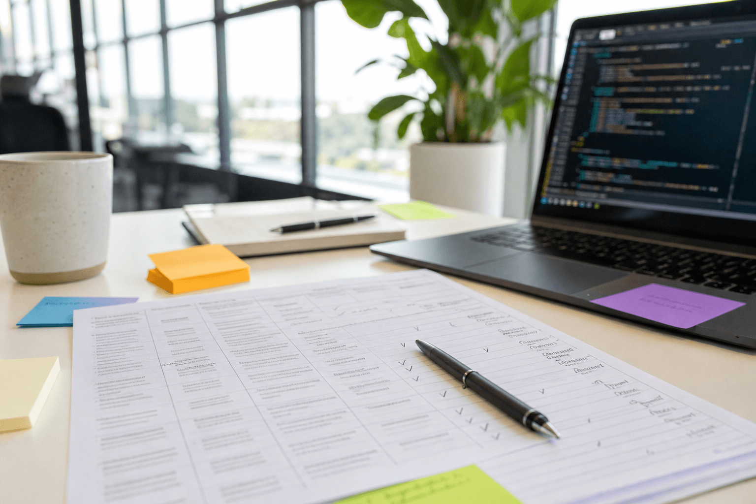 Close-up of a desk with a printed threat-modelling worksheet, handwritten notes, sticky notes and the edge of a laptop, lit by bright natural daylight.