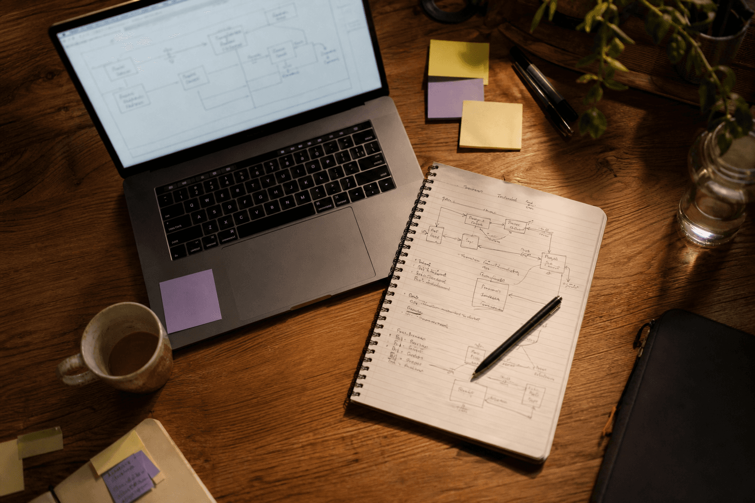 An overhead view of a desk with a laptop showing a rough system diagram, a hand-drawn architecture sketch on a notepad, sticky notes, and a coffee cup, lit warmly from one side.