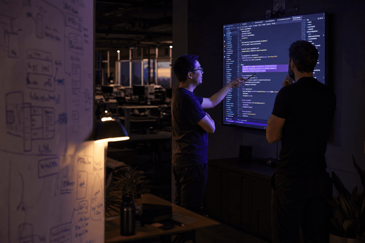 Two engineers reviewing code on a large wall monitor in a darkened Australian open-plan office at dusk, with layered receding planes of whiteboard diagrams and shadowed desks, the screen casting violet-blue light on their faces.
