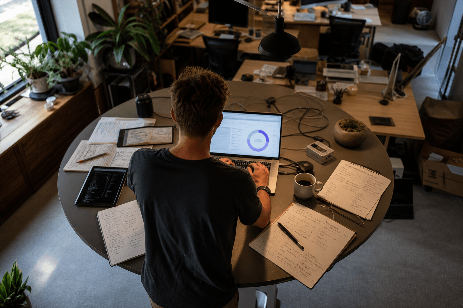 Overhead view of a data engineer at a circular standing desk in a sunlit Australian office, with a glowing laptop screen at the centre radiating outward to notebooks, printouts, and peripherals arranged concentrically around it.