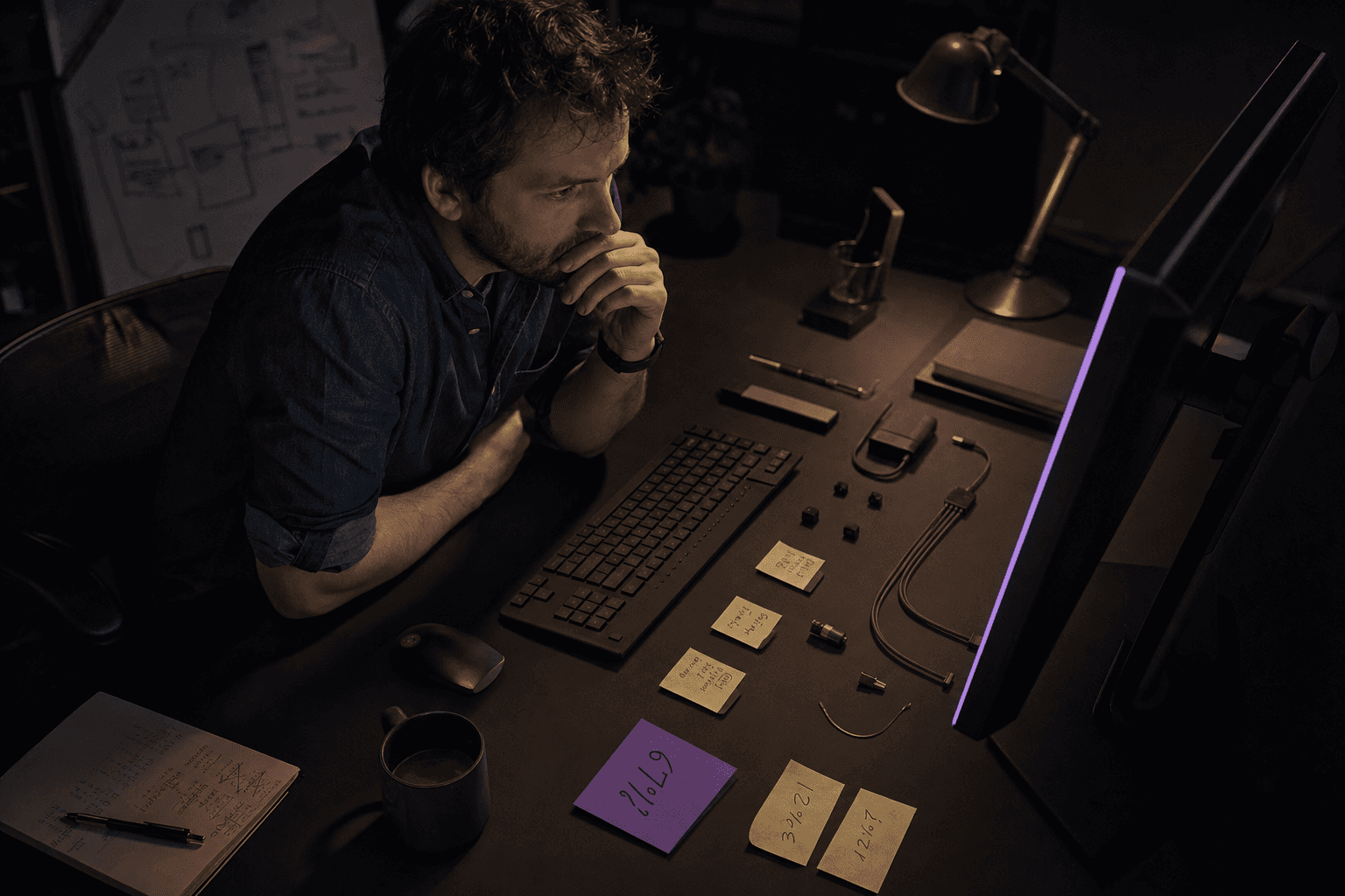 A developer leans toward a monitor in a dimly lit office corner, surrounded by separated workspace objects — keyboard, sticky notes with probability notations, a coffee mug — arranged with deep negative space in an exploded isometric style, illuminated by warm task-lamp light.