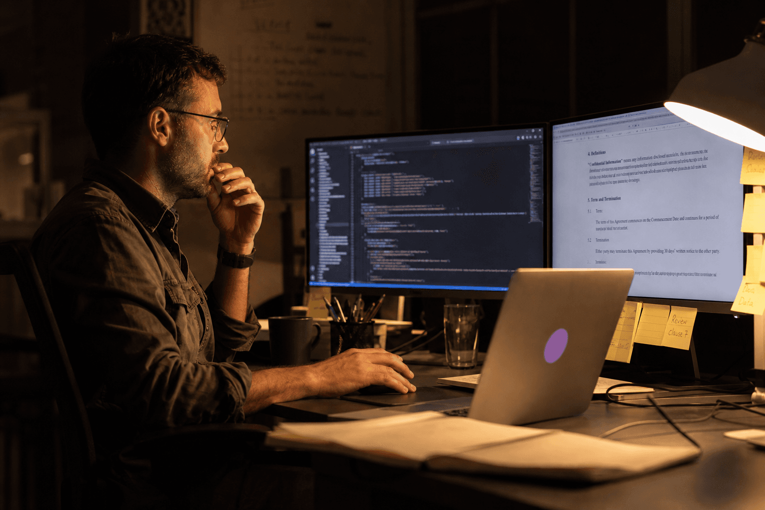 A person works alone at a desk with dual monitors showing code and contract text, lit by a warm desk lamp against a dark office in the evening.