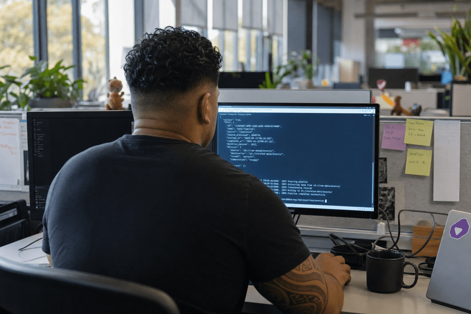 A Pacific Islander male data engineer sits at a standing desk in an Australian open-plan office, his face and torso forming a centred silhouette lit primarily by the bright terminal session on his monitor, with natural daylight from a nearby window balancing the mid-key scene.