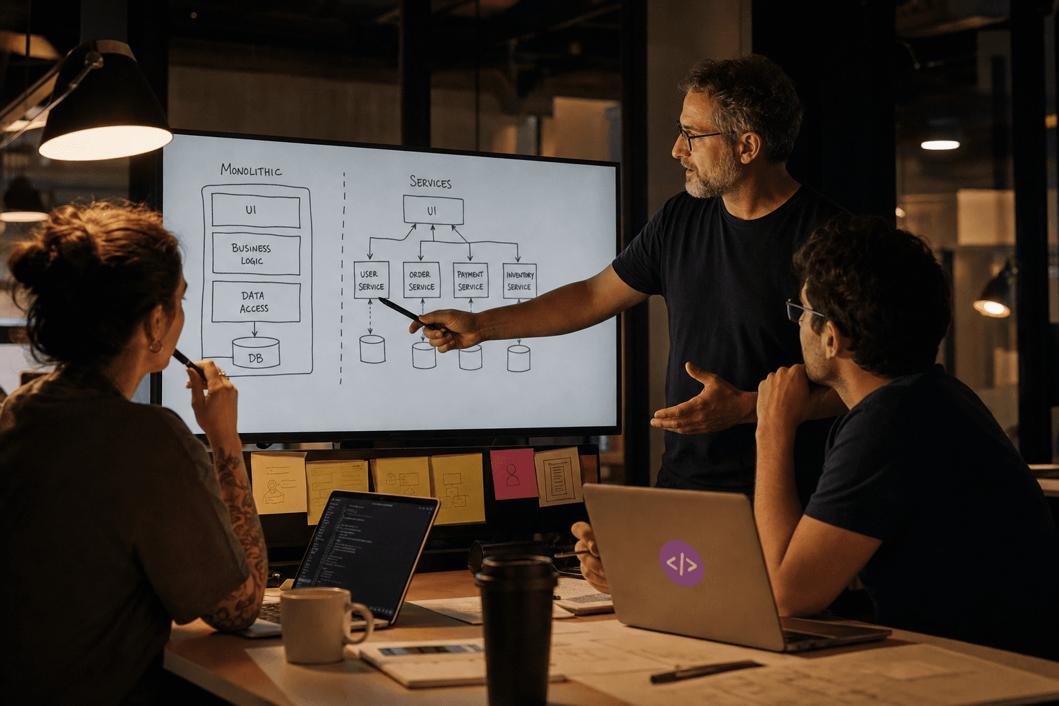 Three engineers in a dimly lit office studying a whiteboard sketch comparing a monolithic architecture to a microservices layout, lit by screen glow and desk lamps.