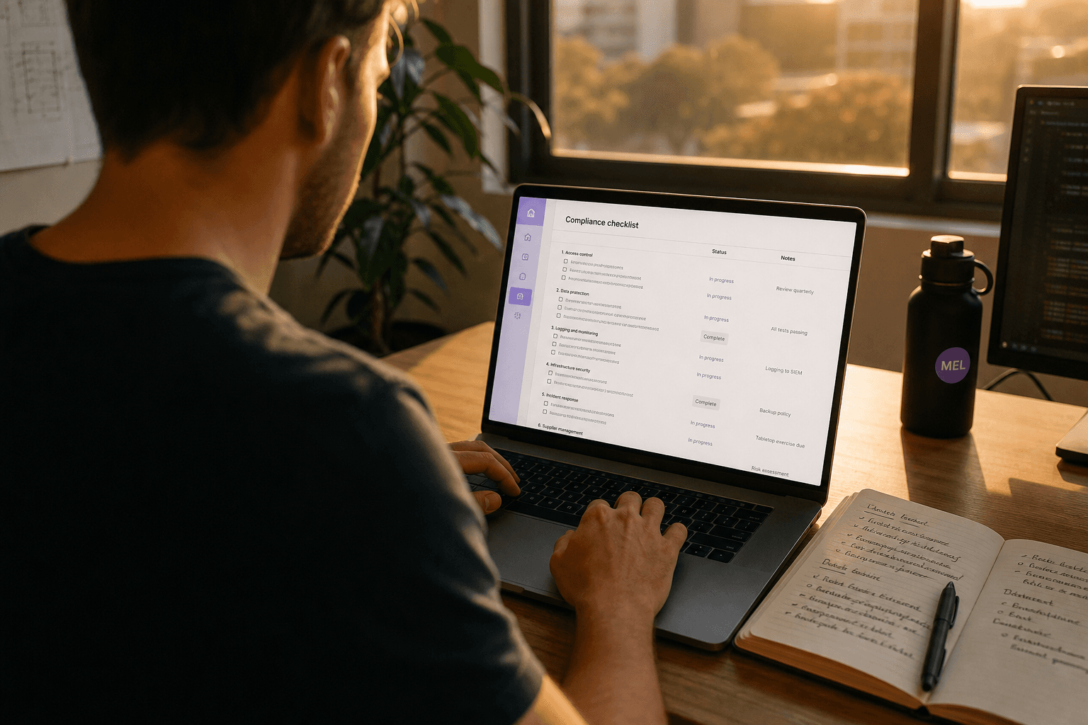 Over-the-shoulder view of an engineer at a laptop reviewing a compliance checklist, lit by warm golden-hour window light and screen glow.