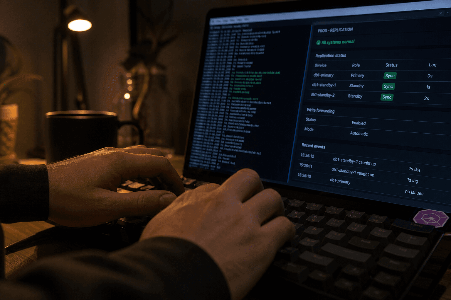 Close-up of hands typing on a keyboard at night, lit by screen glow and a warm desk lamp, with a laptop screen showing terminal text and a data sync monitoring view in the background.