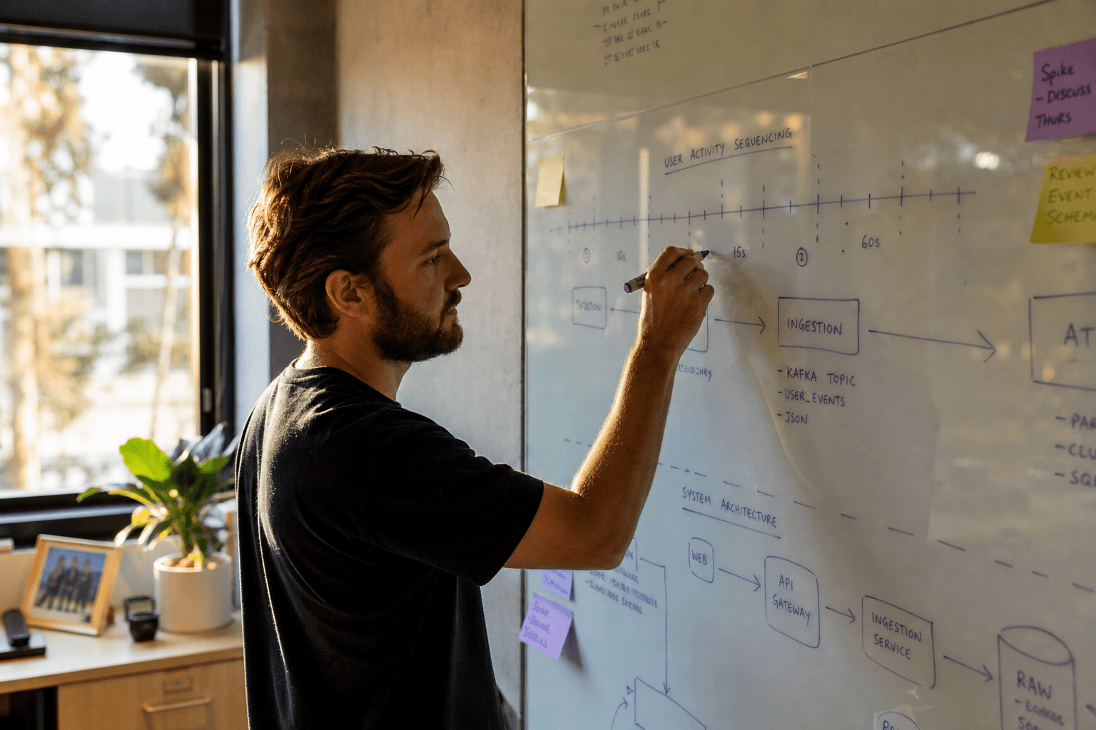 Side profile of an engineer caught mid-motion drawing a migration sequencing diagram on a glass whiteboard, lit by warm golden-hour light from a window.