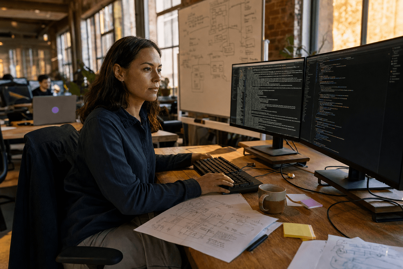 A female software engineer in her mid-thirties sits at a dual-monitor workstation in a warm, golden-hour-lit Australian tech office, studying code on her screen, with printed architecture diagrams and sticky notes on her timber desk and a hand-drawn system diagram on a whiteboard behind her.