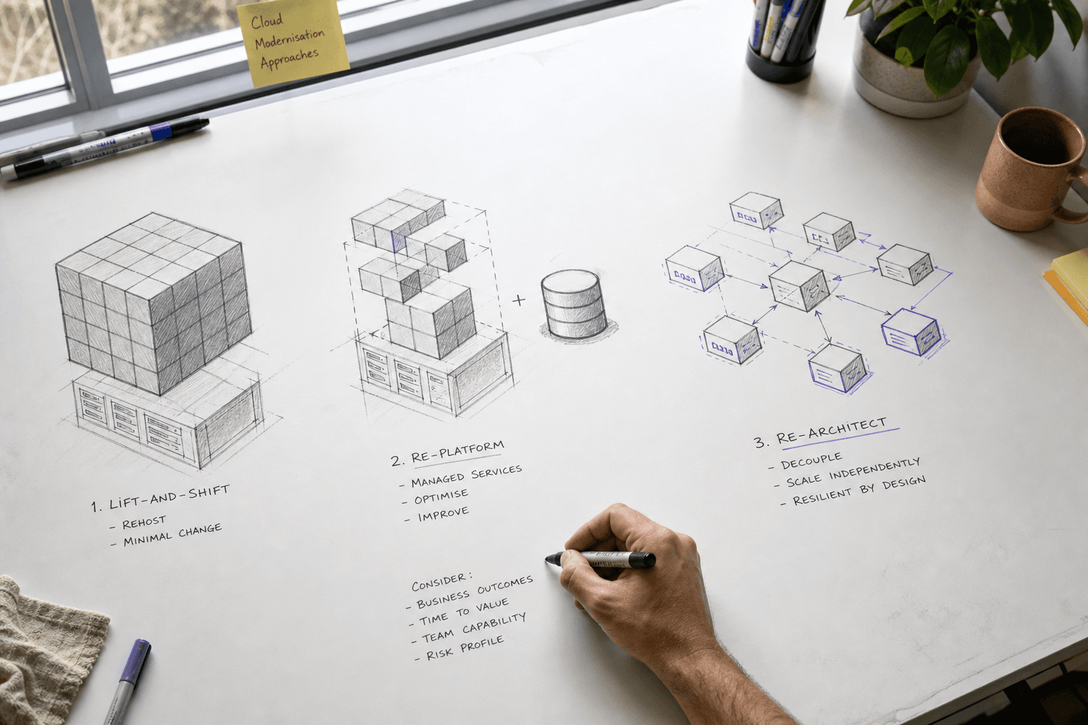 An exploded isometric whiteboard diagram showing three distinct architecture block-forms representing lift-and-shift, re-platform, and re-architect modernisation strategies, drawn in marker on a bright off-white drafting surface with a hand mid-annotation.