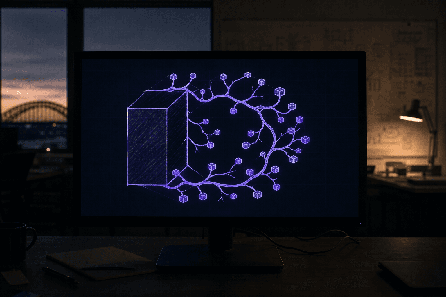 A monitor in a dark Australian engineering office displays a hand-drawn diagram showing a rectangular monolith being encircled by branching service nodes in purple and violet, evoking the strangler-fig growth pattern, with near-darkness surrounding the screen.