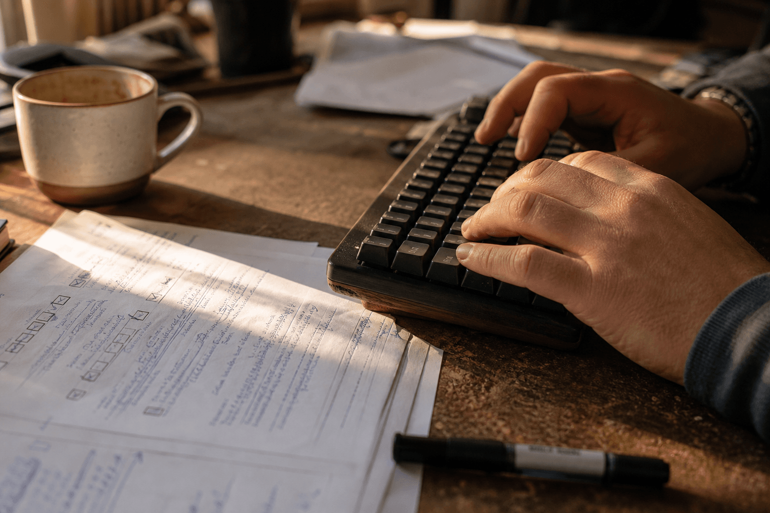 Close-up of a person's hands on a mechanical keyboard beside printed checklist pages annotated in pen, bathed in warm afternoon light on a busy office desk.