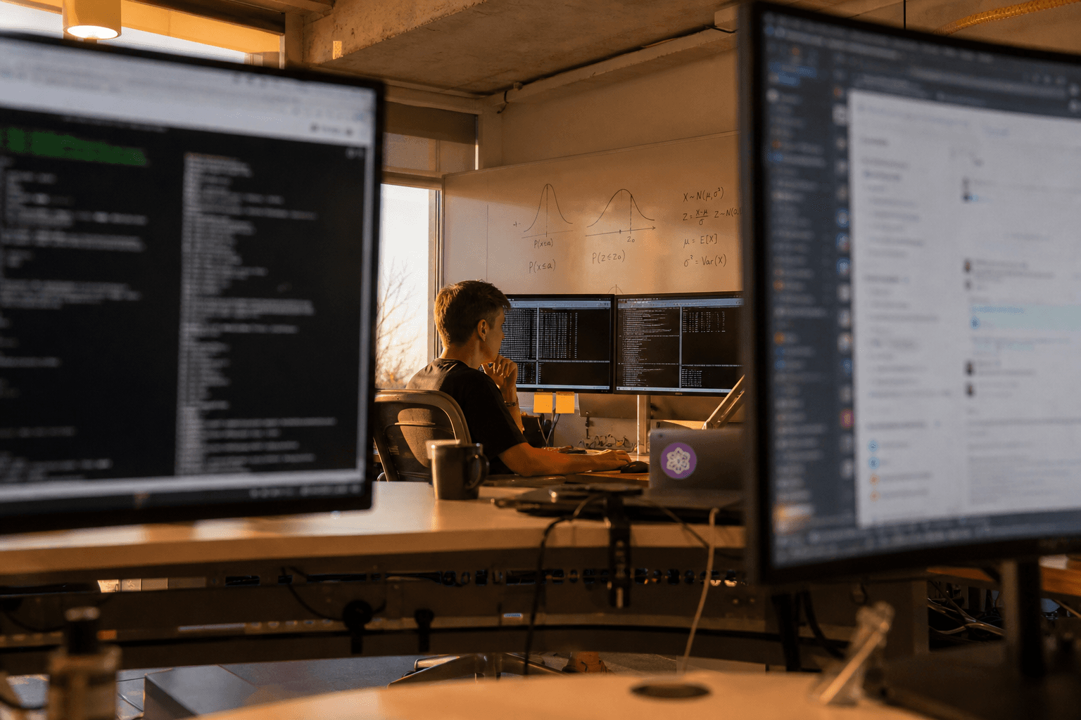 A data engineer viewed through the gap between two monitor bezels reviews terminal output on a dual-screen desk, with a whiteboard showing distribution curves visible in the soft background, lit by warm golden-hour window light in an Australian tech office.