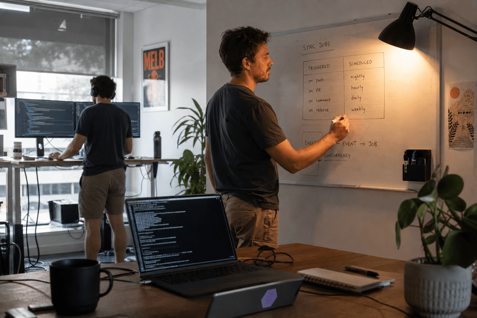 Two engineers work in a layered Australian office scene — a laptop in the foreground, one engineer sketching a decision diagram on a whiteboard under warm task-lamp light in the middle ground, and a colleague at a monitor-heavy desk in the background.