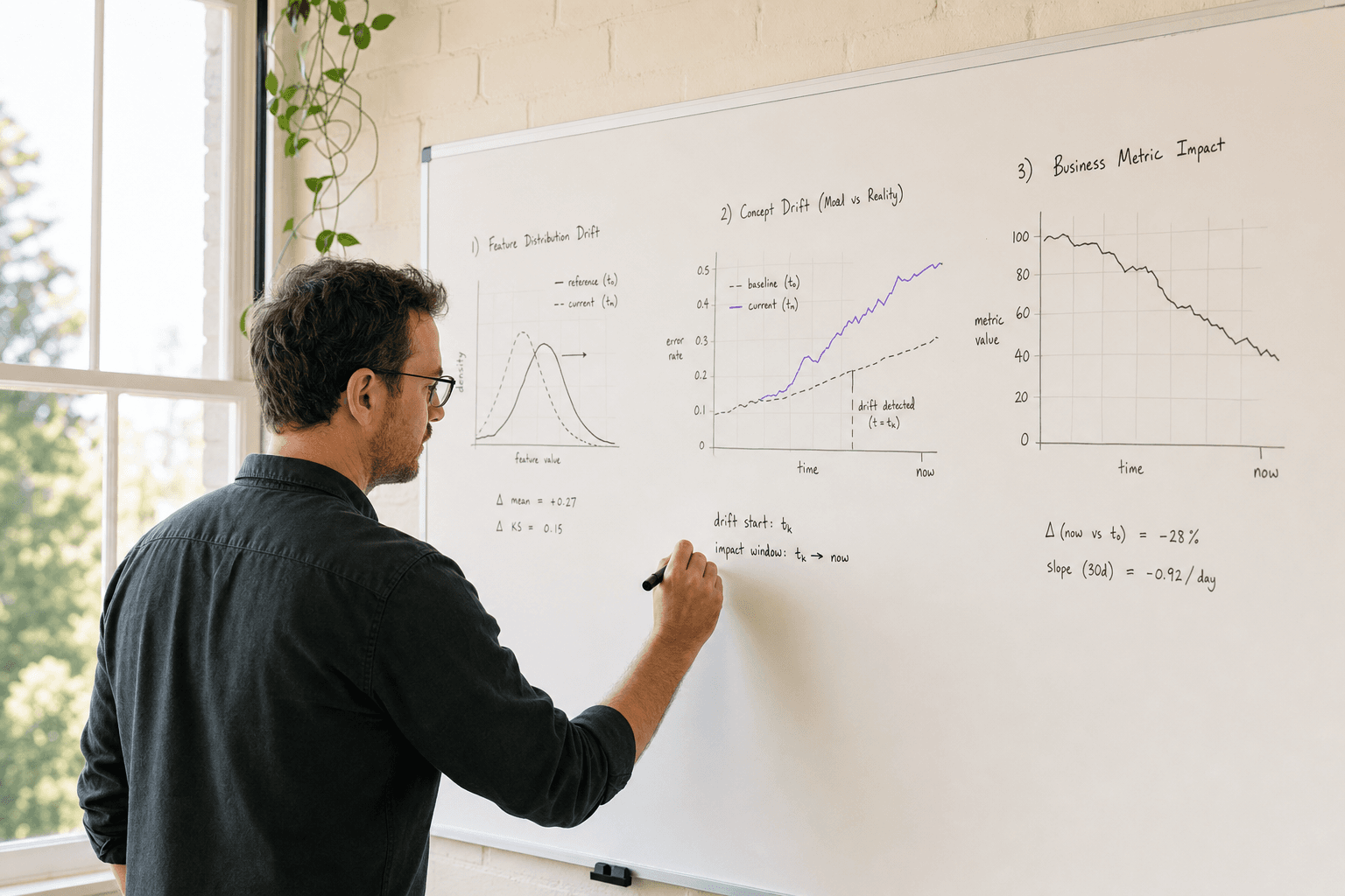A male data engineer sketches sparse hand-drawn line charts showing model drift and performance decay on a whiteboard in a bright, light-filled Australian office.