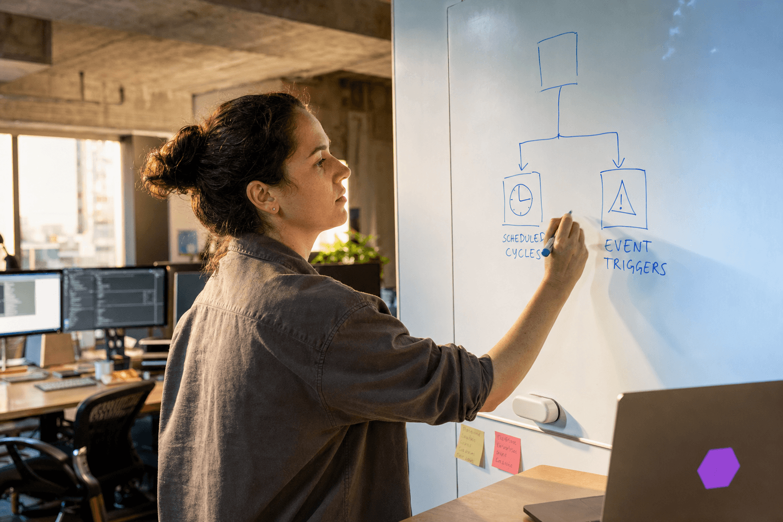 A female ML engineer in side profile leans forward at a standing desk, sketching a two-branch retraining flowchart on a whiteboard with a blue marker, caught in an unposed candid moment in a warm-lit Australian open-plan tech office.