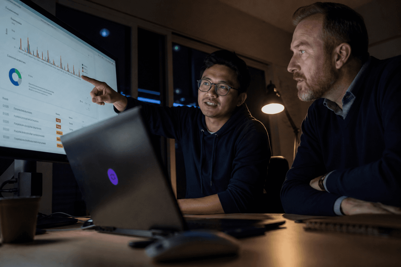 Low-angle view past a laptop and monitor showing a data engineer explaining a risk chart to a company director in a dim office lit by screen glow and a desk lamp.