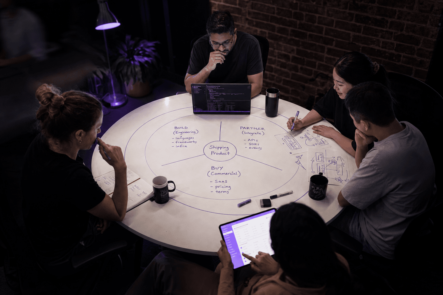High-angle view of a round table in a dark Australian tech studio at evening, with one engineer working alone on a laptop at the near edge, two colleagues sketching together in the middle distance, and a single person using a tablet at the far edge, all softly lit by screen glow.