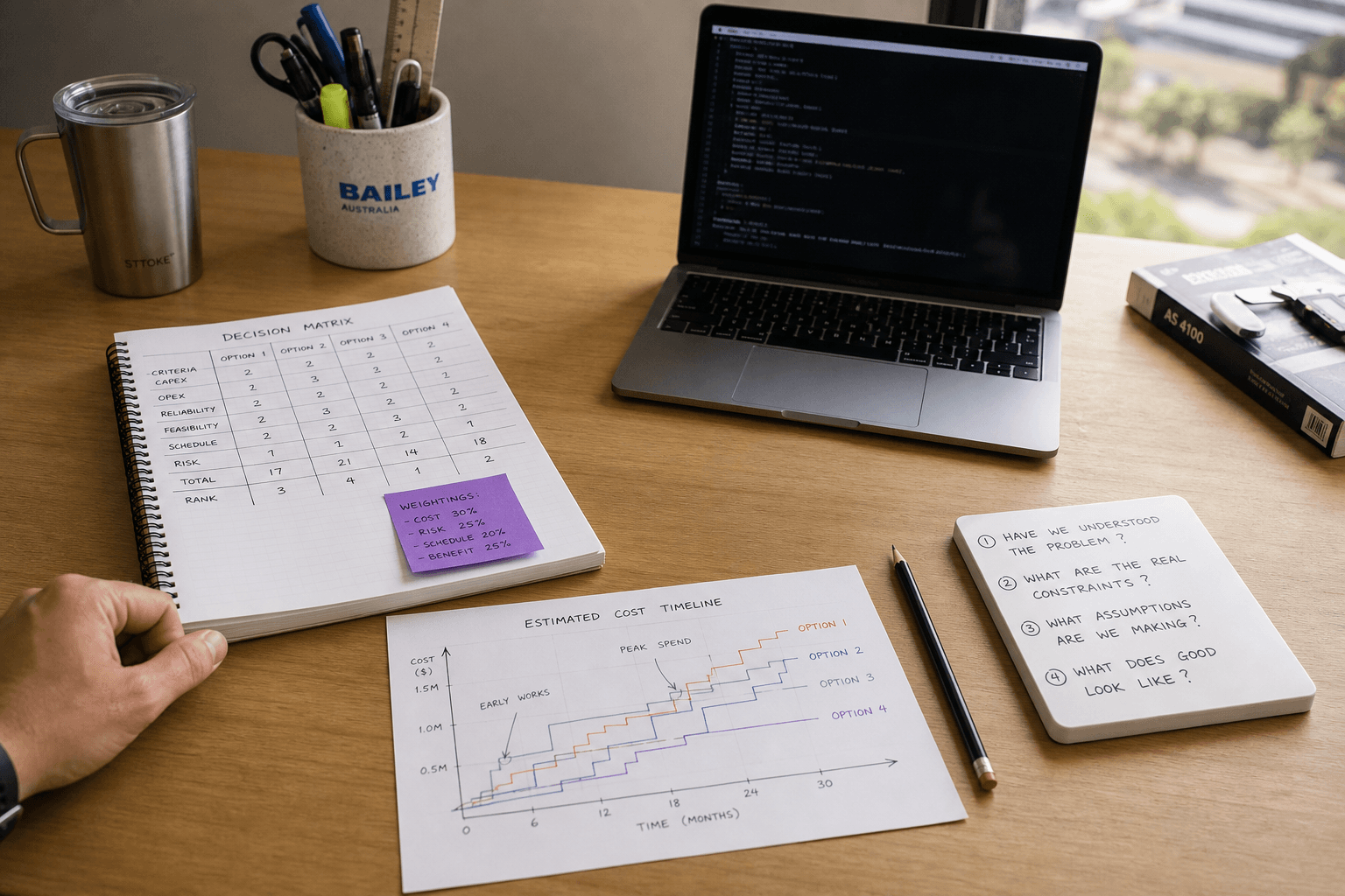 Elevated three-quarter view of an engineering desk with four objects arranged in an exploded diagram layout: a decision notebook with a purple sticky note, an open laptop, a printed chart with pencil marks, and a small whiteboard tile, separated by generous negative space in warm afternoon office light.