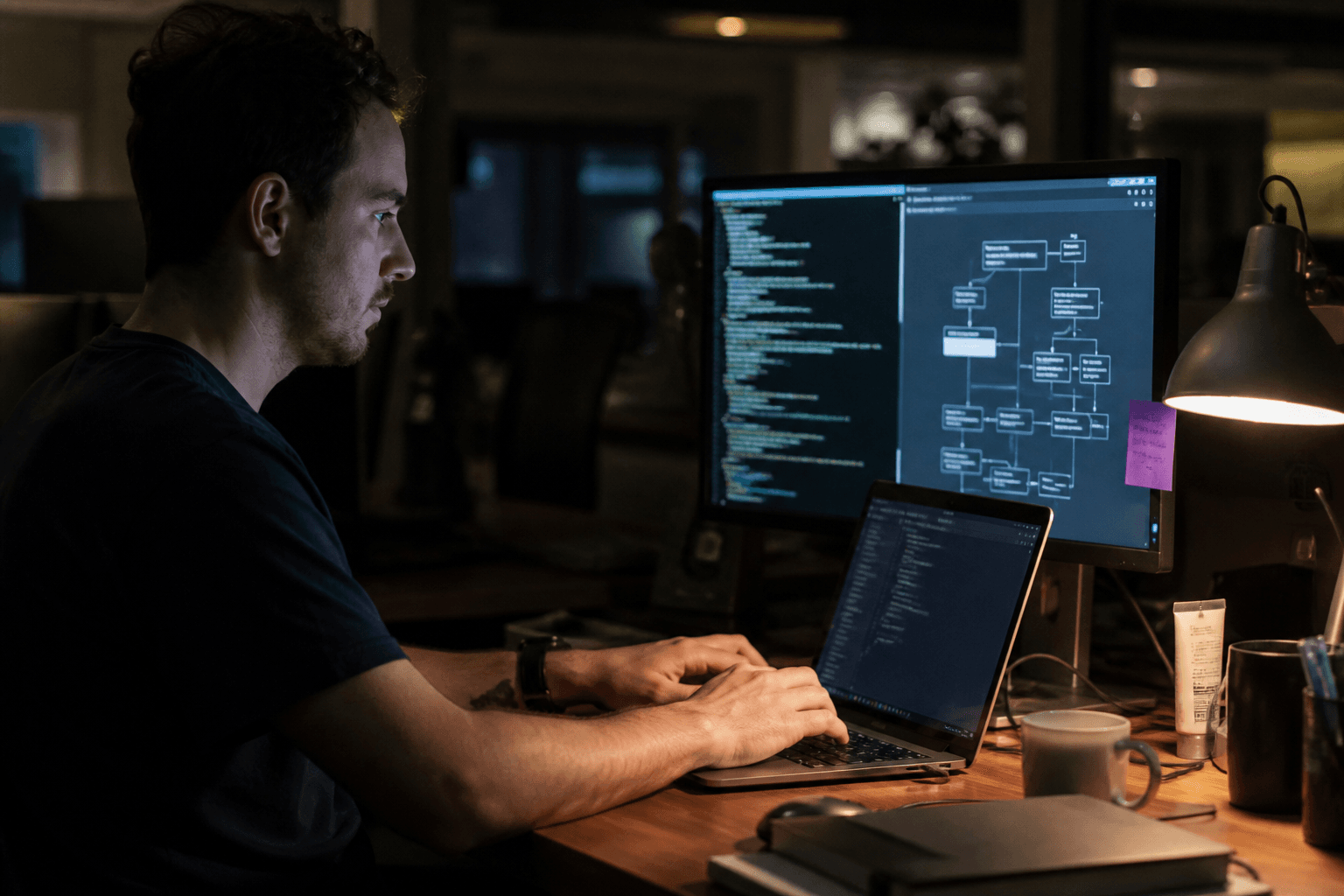 Side profile of a person typing at a laptop in a dimly lit office, their face lit by screen glow and a warm desk lamp, with a second monitor showing code in the background.