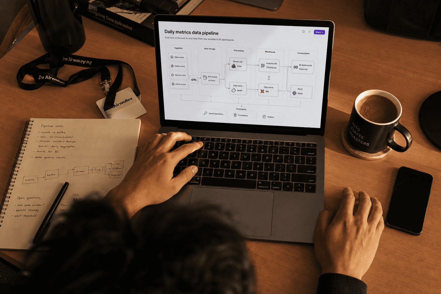 Overhead view of a desk with an open laptop showing a data pipeline diagram, a handwritten notebook, a coffee mug, and hands resting near the keyboard, lit by warm afternoon light.