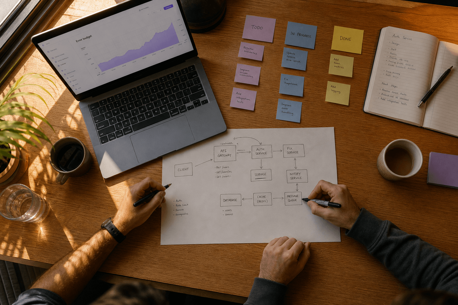 An overhead view of a desk with two people's hands sketching a diagram on paper beside an open laptop, sticky notes, and coffee cups, lit by warm afternoon window light.
