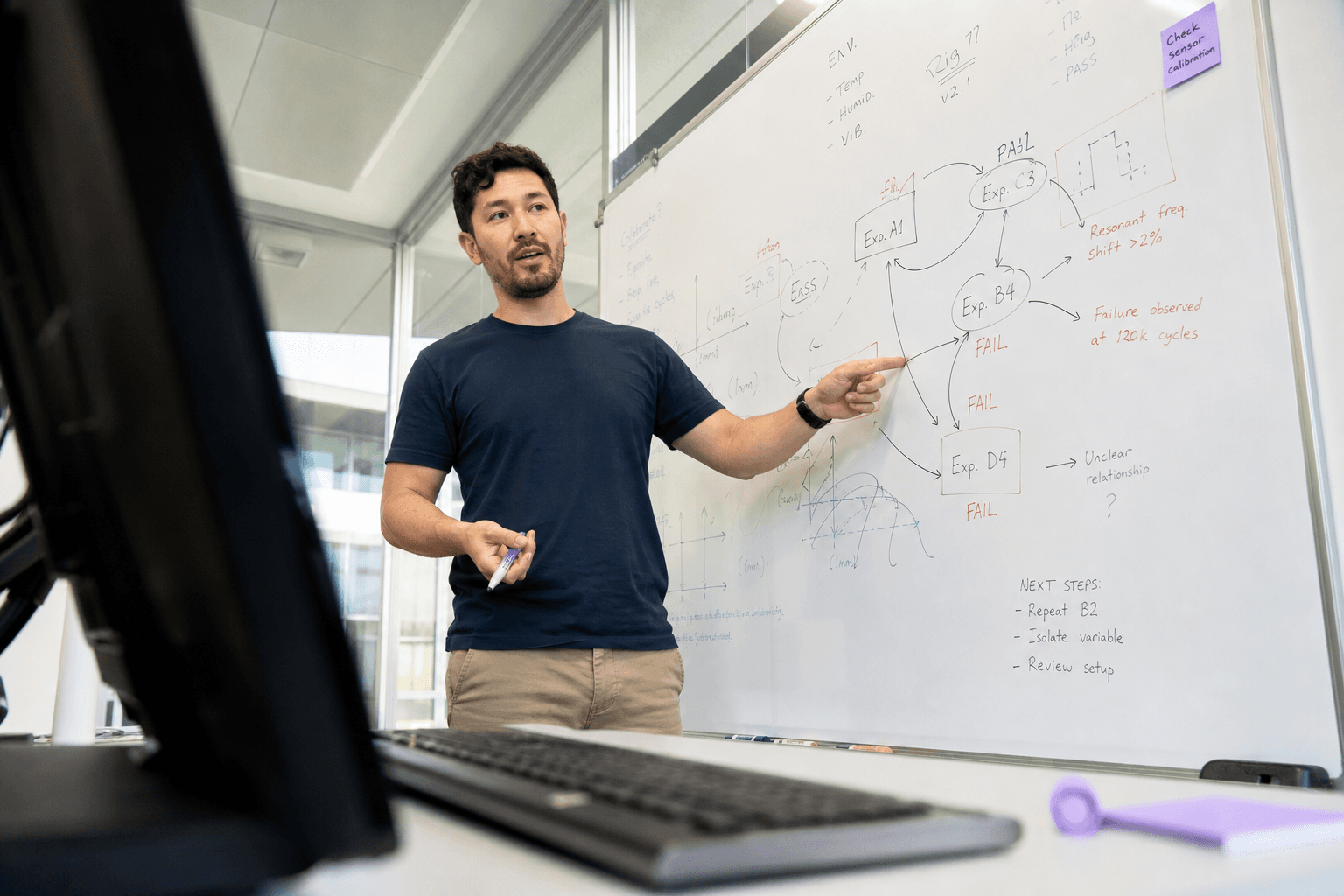 A low-angle view from a desk looking up at a person standing and pointing at a whiteboard covered in overlapping diagrams, in a bright, daylight-filled office.