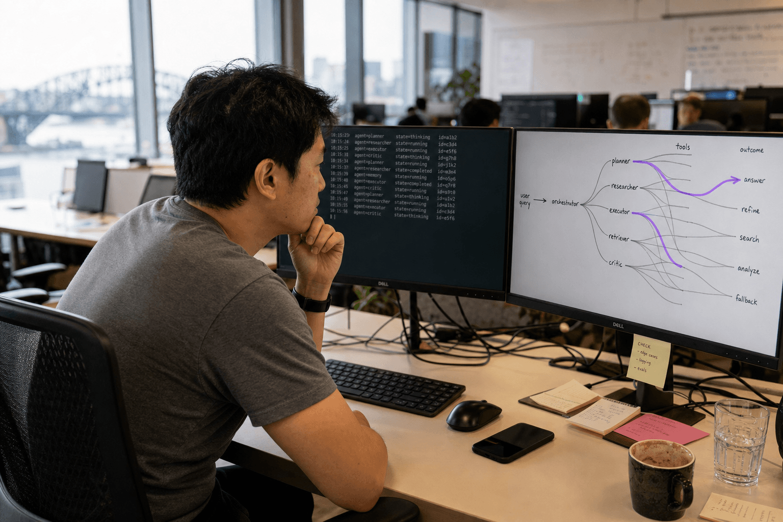 A male data engineer sits at a dual-monitor desk in an Australian open-plan office, studying sparse flow diagrams on screen, with one branching path highlighted in violet, lit by natural window light.