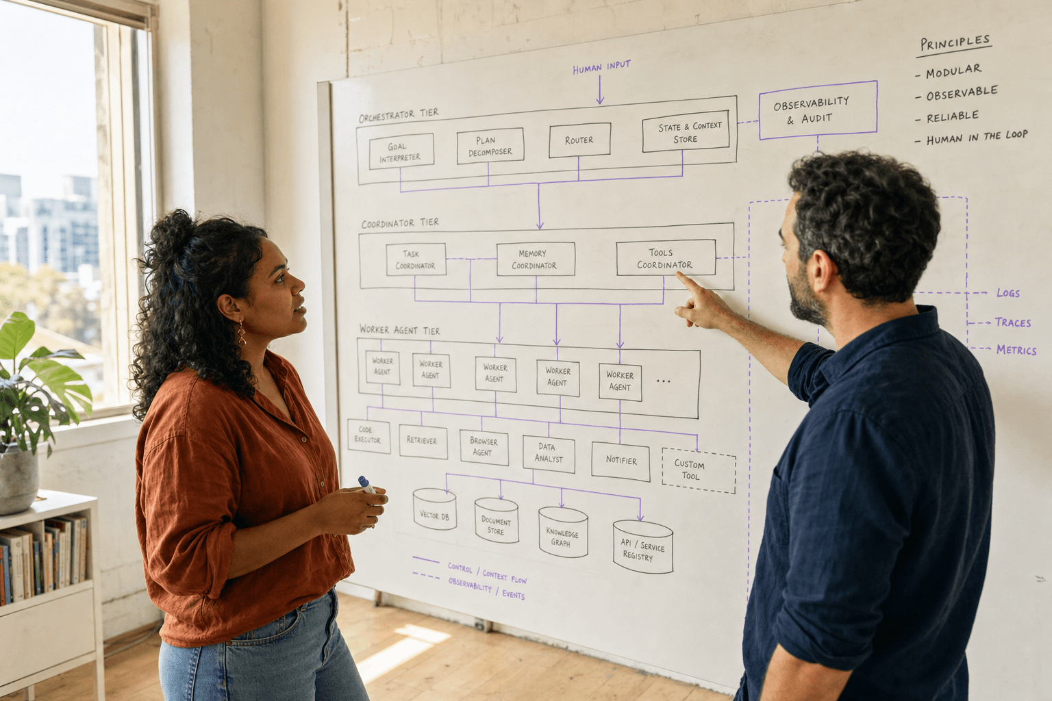 Two engineers collaborate at a large whiteboard covered in a hand-drawn layered system architecture diagram with violet accent lines, in a bright Australian office flooded with natural window light.