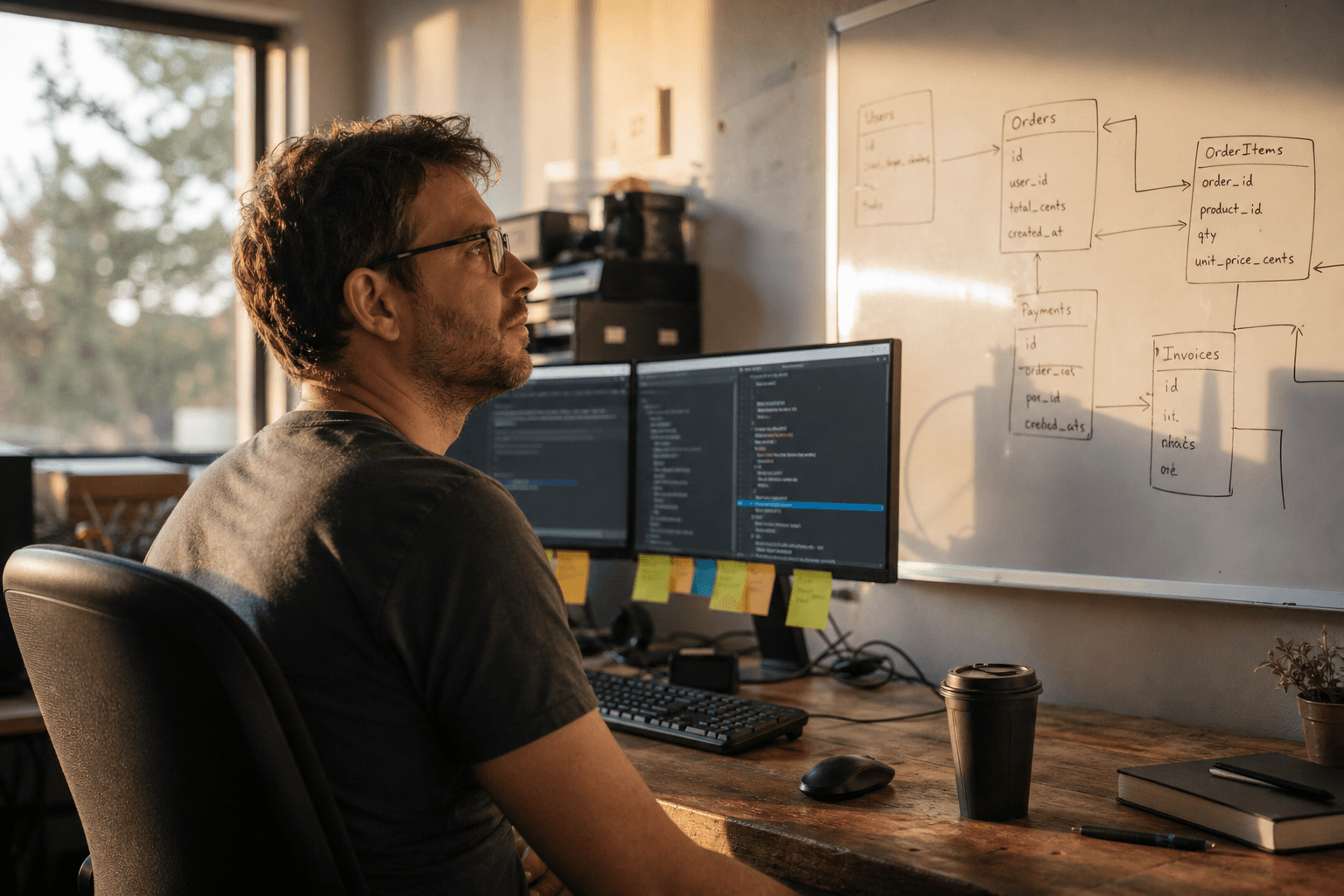 A software engineer in side profile looks toward a hand-drawn database schema diagram on a whiteboard, lit by warm late-afternoon window light in a real Australian tech office with dual monitors and sticky notes visible.