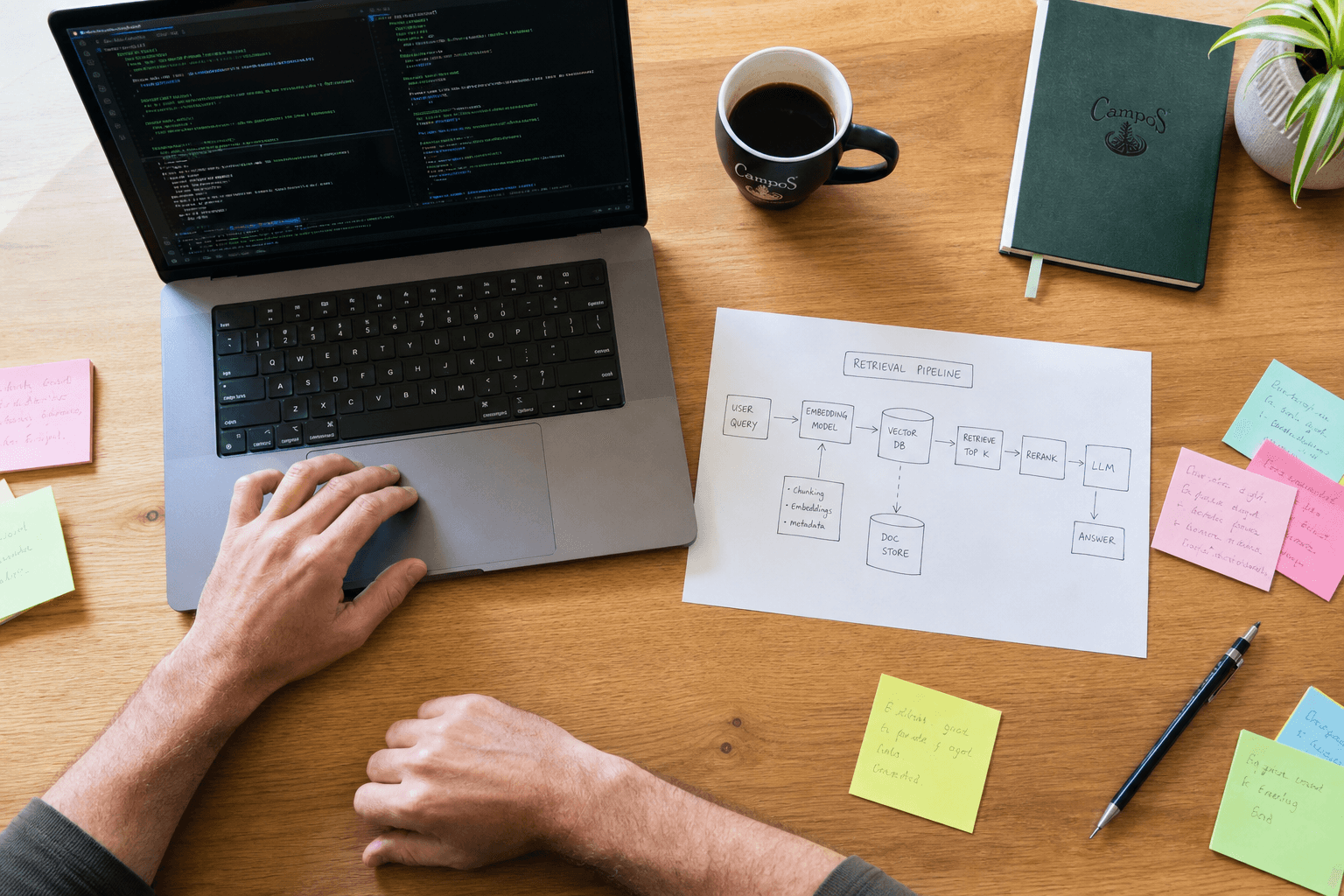 Overhead view of a developer's desk in bright natural daylight, showing a laptop open to a terminal, a hand-drawn system-flow sketch on paper, sticky notes, a coffee mug, and a developer's hands resting near the keyboard.