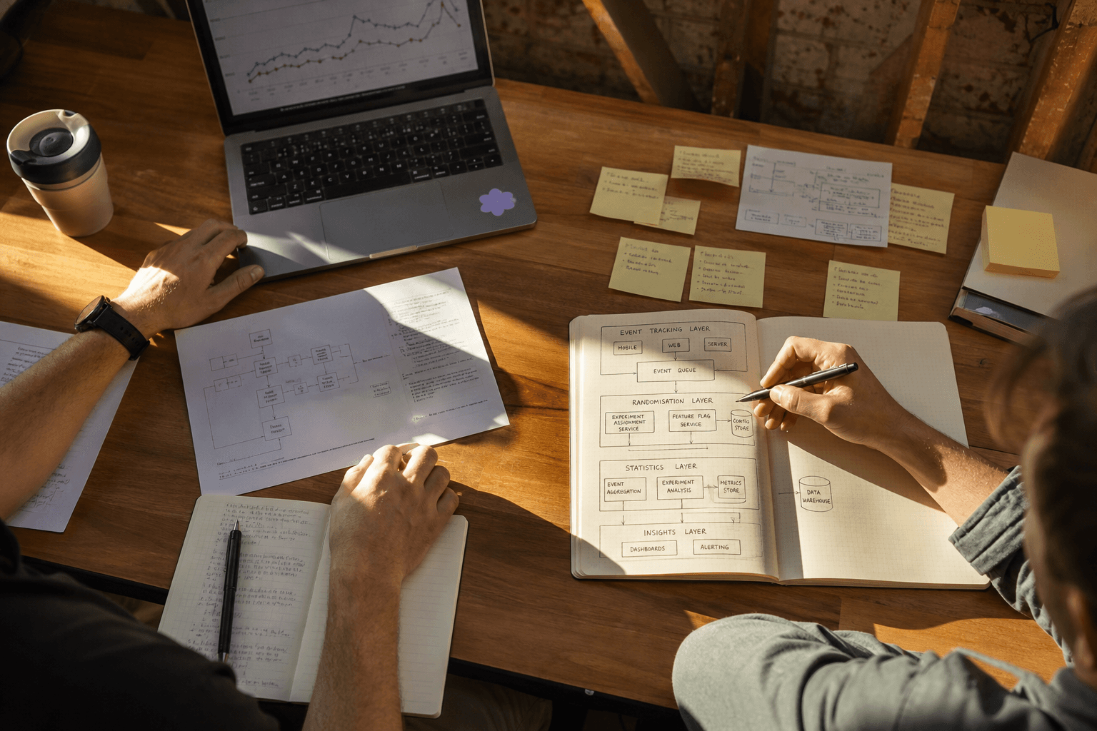 An overhead view of a desk with hands arranging sticky notes, a laptop showing a graph, and a notebook with a hand-drawn diagram of system components, lit by warm afternoon light.