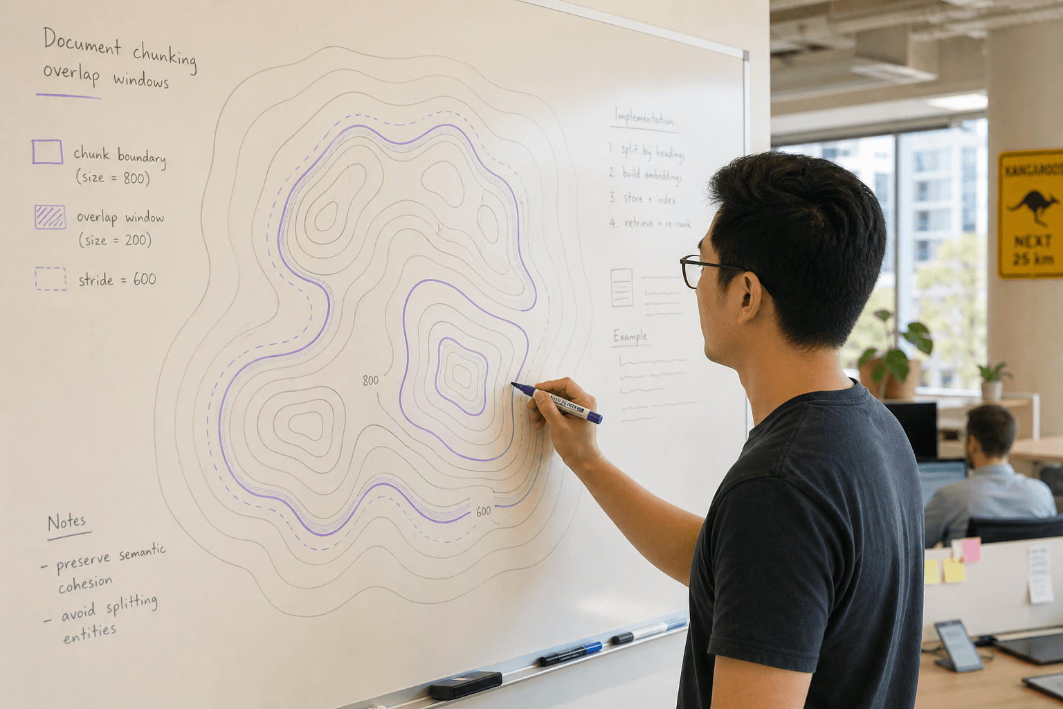 A data engineer standing at a whiteboard in a daylit Australian office, sketching concentric contour-line zones with sparse violet marker highlights representing document chunking boundaries. Natural window light fills the whiteboard surface, with an open-plan workspace softly blurred in the background.